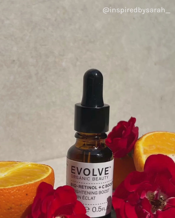 Productvideo van de Evolve Bio-Retinol + C Skin Booster met pipet en goudkleurige olie
